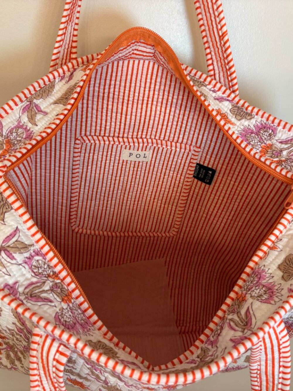 NWOT - POL Kantha Quilted Patchwork Embroidered Tote Bag - Peach, Tan and Pink - Picture 7 of 10